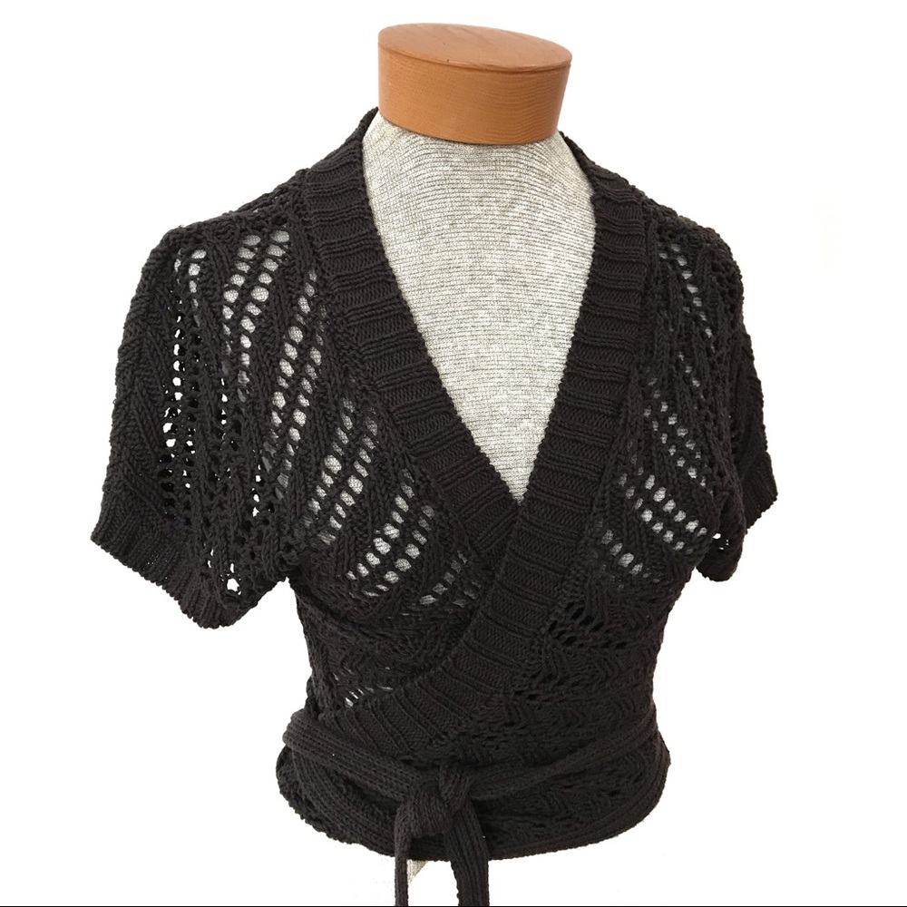 Theory Dark Chocolate Crocheted Wrap Shrug